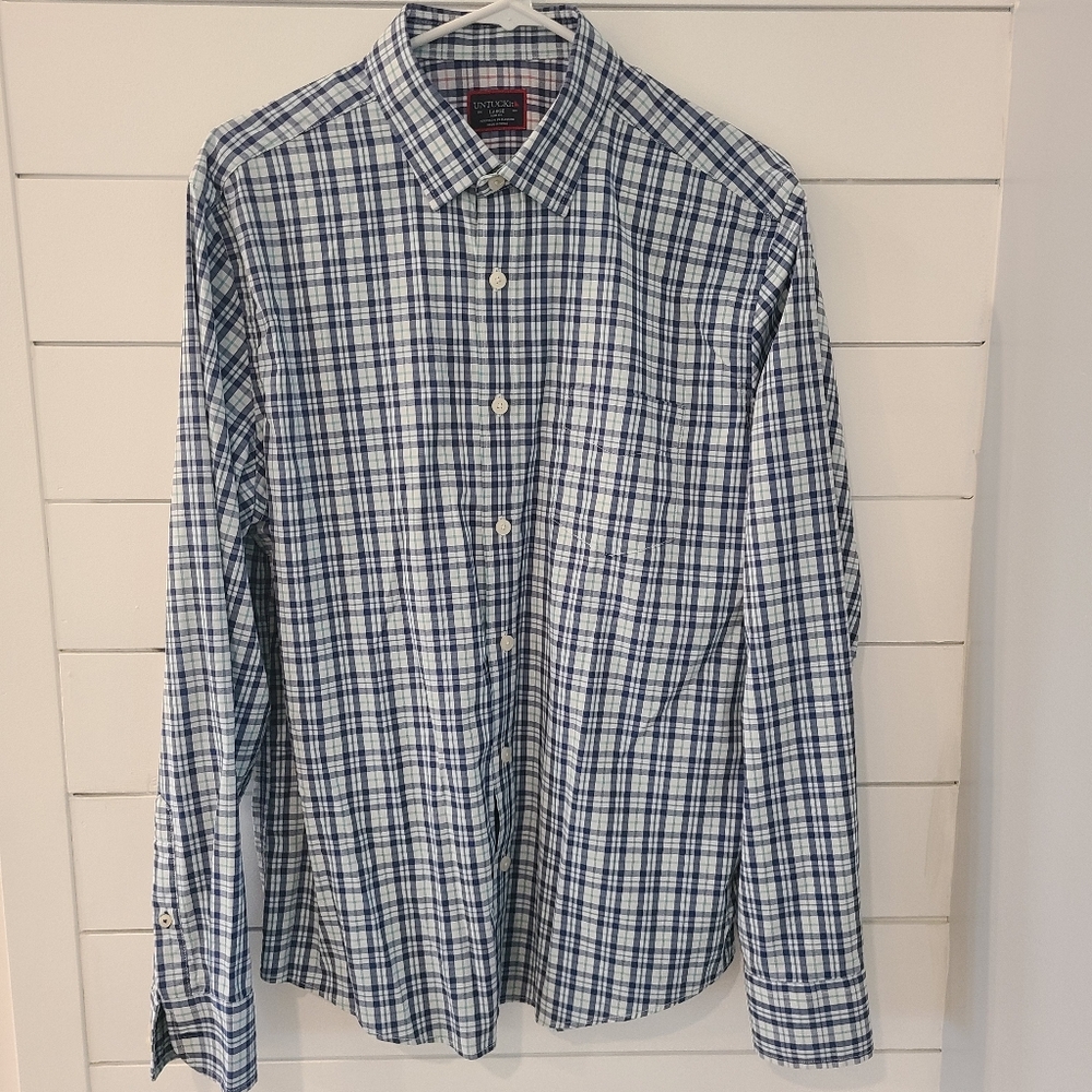 UntuckIt Navy, Green and White Checkered Shirt Large